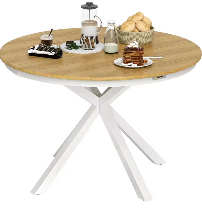 Ronde Tuintafel Ø118 cm – Aluminium & Teaklook, Voor Buiten