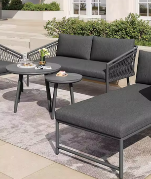Tuinloungeset van Handgeweven Touw – 2-Zitsbank, Fauteuil, Stoel & 2 Tafels, Incl. Kussens