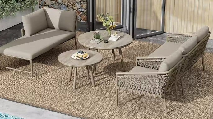 Tuinloungeset van Handgeweven Touw – 2-Zitsbank, Fauteuil, Stoel & 2 Tafels, Incl. Kussens