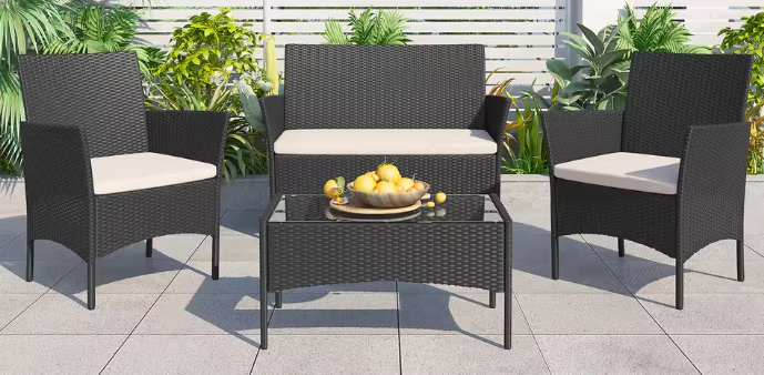 4-delige Rotan Loungeset voor Tuin & Terras – Inclusief Tafel & Kussens, Weerbestendig en Compact