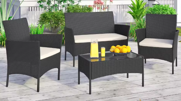 4-delige Rotan Loungeset voor Tuin & Terras – Inclusief Tafel & Kussens, Weerbestendig en Compact