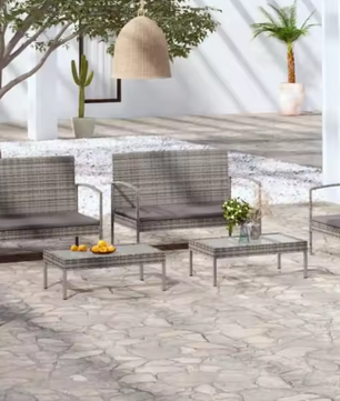 Grijze Polyrotan Loungeset – 4-Delig met Kussens & Stalen Frame