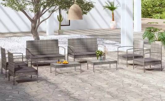Grijze Polyrotan Loungeset – 4-Delig met Kussens & Stalen Frame