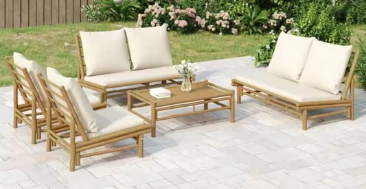 3-delige Bamboe Tuinloungeset – Incl. Crèmekleurige Kussens