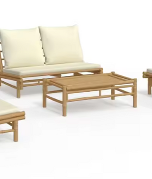3-delige Bamboe Tuinloungeset – Incl. Crèmekleurige Kussens