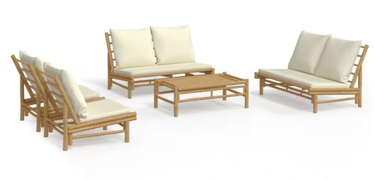 3-delige Bamboe Tuinloungeset – Incl. Crèmekleurige Kussens