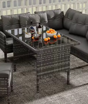 7-delige Loungeset met Eettafel – Rotan, Kussens & Glazen Tafelblad