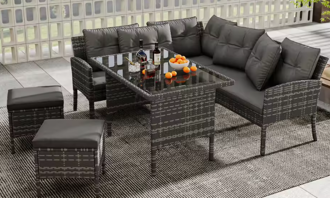 7-delige Loungeset met Eettafel – Rotan, Kussens & Glazen Tafelblad