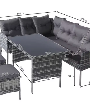 7-delige Loungeset met Eettafel – Rotan, Kussens & Glazen Tafelblad