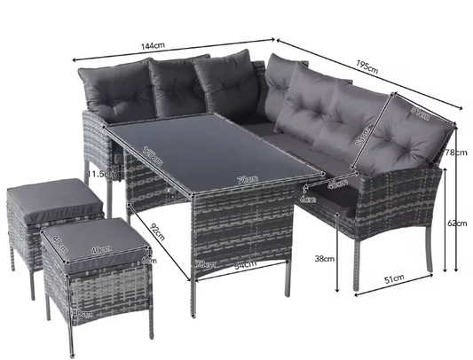 7-delige Loungeset met Eettafel – Rotan, Kussens & Glazen Tafelblad