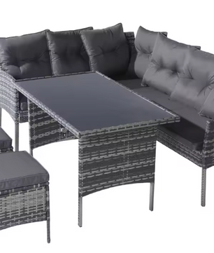 7-delige Loungeset met Eettafel – Rotan, Kussens & Glazen Tafelblad