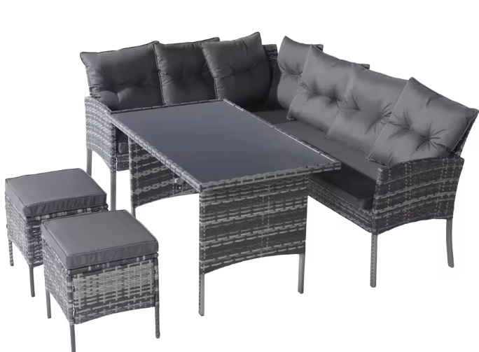 7-delige Loungeset met Eettafel – Rotan, Kussens & Glazen Tafelblad