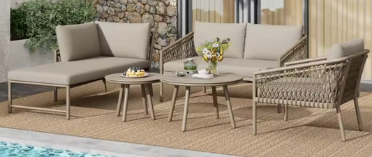 5-delige Tuinloungeset van Touw & Ijzer – Met Kussens en Glazen Tafels