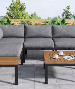 5-persoons Tuinlounge Set – Polyrattan Bank & Tafel met Houtlook