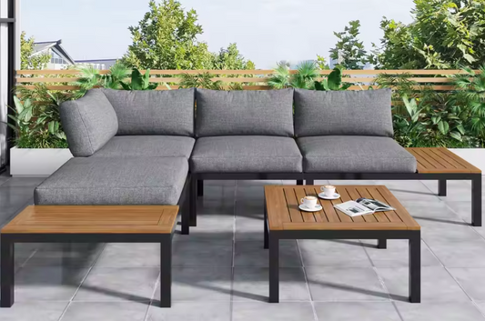 5-persoons Tuinlounge Set – Polyrattan Bank & Tafel met Houtlook