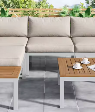 5-persoons Tuinlounge Set – Polyrattan Bank & Tafel met Houtlook