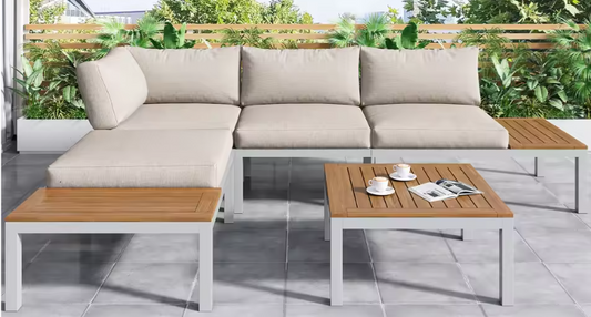 5-persoons Tuinlounge Set – Polyrattan Bank & Tafel met Houtlook