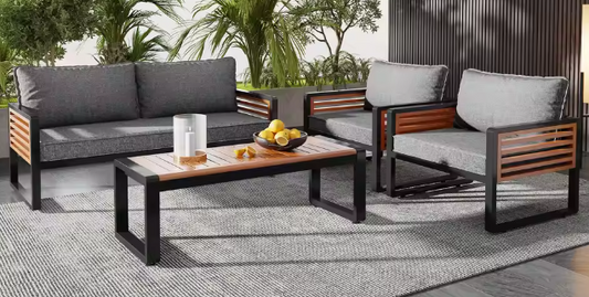 4-delige Tuinloungeset met Acaciahout – Ijzeren Frame & Kussens
