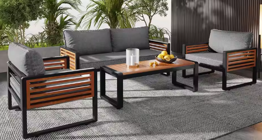 4-delige Tuinloungeset met Acaciahout – Ijzeren Frame & Kussens