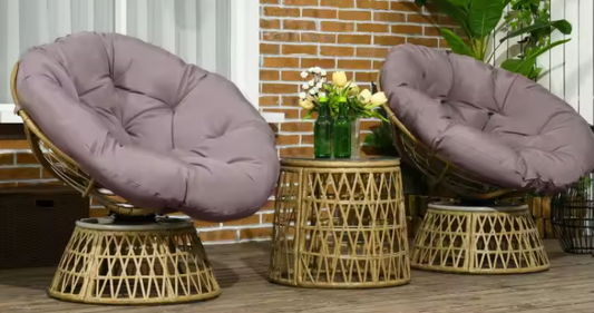 3-delige Rotan Balkonset – Roze Stoelen met Kussens & Glazen Tafel