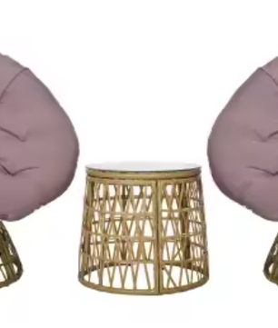 3-delige Rotan Balkonset – Roze Stoelen met Kussens & Glazen Tafel