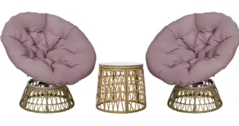 3-delige Rotan Balkonset – Roze Stoelen met Kussens & Glazen Tafel