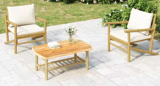 Set van 3 Bamboe Tuinmeubelen – 2 Stoelen met Kussens & Salontafel, Crème