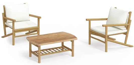 Set van 3 Bamboe Tuinmeubelen – 2 Stoelen met Kussens & Salontafel, Crème