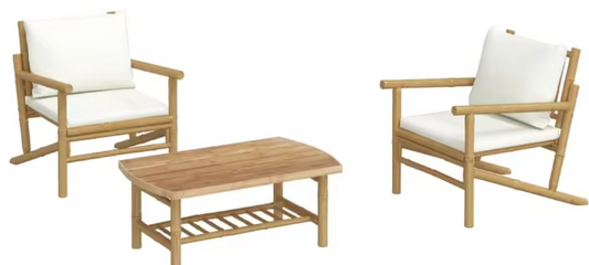 Set van 3 Bamboe Tuinmeubelen – 2 Stoelen met Kussens & Salontafel, Crème