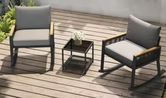 3-delige Bistro Loungeset – Schommelstoelen & Glazen Tafel, Modern & Comfortabel