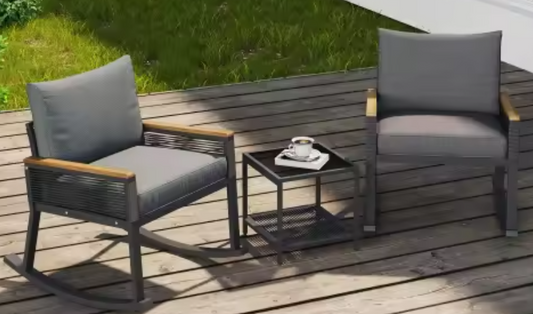 3-delige Bistro Loungeset – Schommelstoelen & Glazen Tafel, Modern & Comfortabel