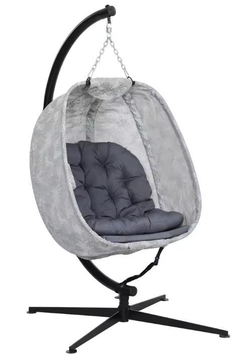 Opvouwbare Eivormige Hangstoel – Outdoor Schommelstoel met Frame & Kussens, Wit