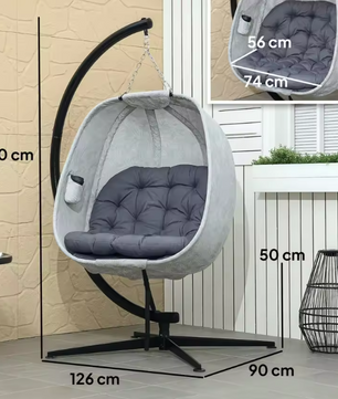 Opvouwbare Eivormige Hangstoel – Outdoor Schommelstoel met Frame & Kussens, Wit