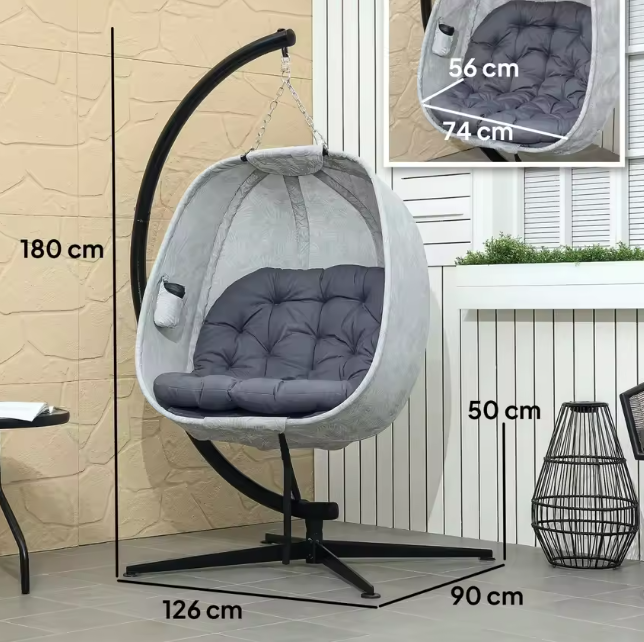 Opvouwbare Eivormige Hangstoel – Outdoor Schommelstoel met Frame & Kussens, Wit