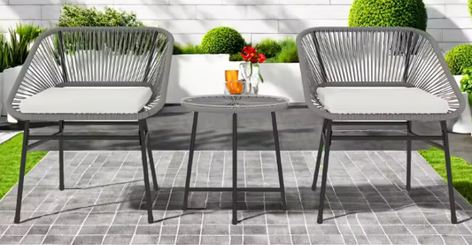3-delige Polyrotan Bistroset met Kussens – Tafel en 2 Stoelen, Comfortabel Buitenmeubilair voor Balkon of Tuin