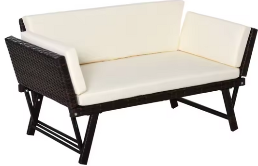 Opvouwbare 2-zits Tuinbank – Stalen Loungebank met Armleuningen & Kussens, Rotanlook voor Balkon en Terras