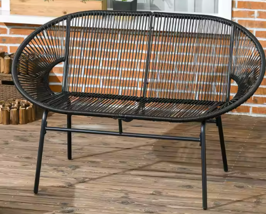 Set van 2 Zwarte Tuinbanken – Stalen Frame & Rotan Vlechtwerk, Weerbestendig & Comfortabel voor 2 Personen