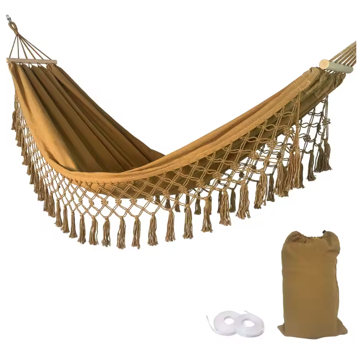 Boho Canvas Hangmat met Kwastjes – 200×100 cm, Opvouwbaar & Comfortabel voor Buiten
