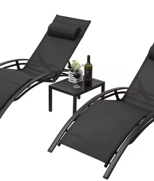 3-Delige Loungeset voor Buiten – 2 Aluminium Ligstoelen met Tafel, 5-Posities Verstelbaar & Ademend Textileen