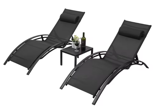 3-Delige Loungeset voor Buiten – 2 Aluminium Ligstoelen met Tafel, 5-Posities Verstelbaar & Ademend Textileen