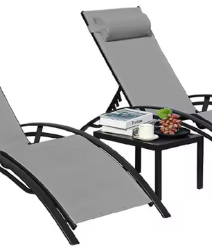 3-Delige Loungeset voor Buiten – 2 Aluminium Ligstoelen met Tafel, 5-Posities Verstelbaar & Ademend Textileen