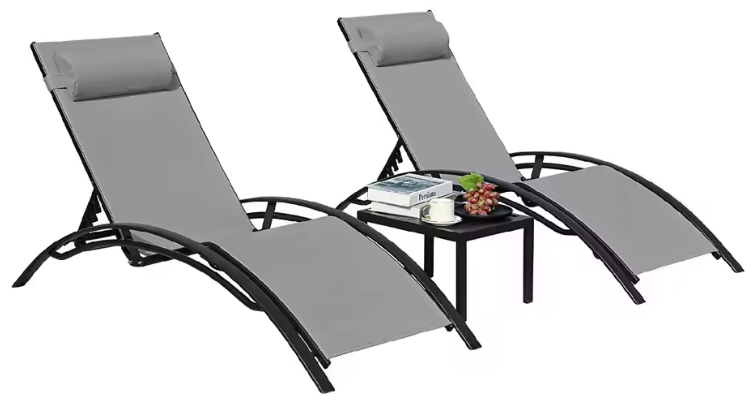 3-Delige Loungeset voor Buiten – 2 Aluminium Ligstoelen met Tafel, 5-Posities Verstelbaar & Ademend Textileen