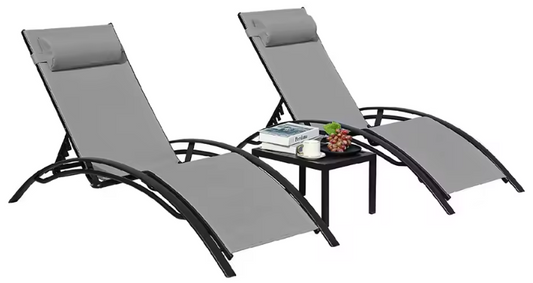 3-Delige Loungeset voor Buiten – 2 Aluminium Ligstoelen met Tafel, 5-Posities Verstelbaar & Ademend Textileen