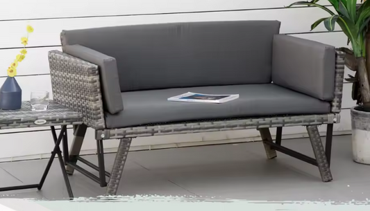 2-Zits Tuinbank met Opklapbare Armleuningen – Staalgrijs Loungebank met Kussens en Rattan Look