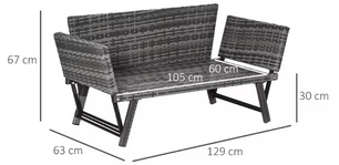 2-Zits Tuinbank met Opklapbare Armleuningen – Staalgrijs Loungebank met Kussens en Rattan Look