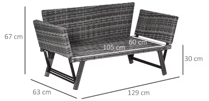 2-Zits Tuinbank met Opklapbare Armleuningen – Staalgrijs Loungebank met Kussens en Rattan Look