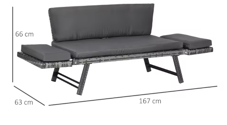2-Zits Tuinbank met Opklapbare Armleuningen – Staalgrijs Loungebank met Kussens en Rattan Look