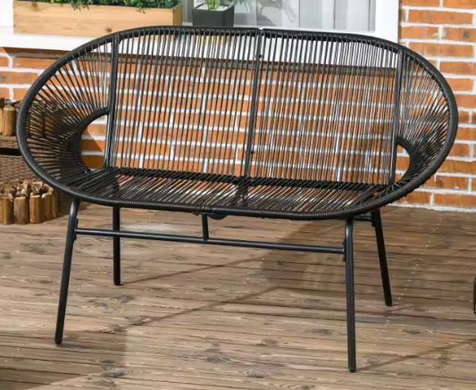 Set van 2 Zwarte Tuinbanken – Stalen Frame & Rotan Look, Comfortabele 2-Zits voor Balkon of Terras