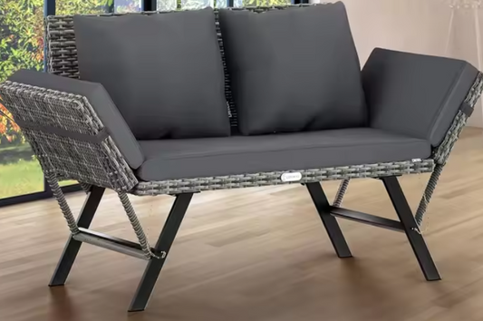 3-Zits Polyrattan Tuinbank met Verstelbare Armleuningen – Inclusief Weerbestendig Kussen, Omvormbaar tot Ligstoel, 176 cm Breed
