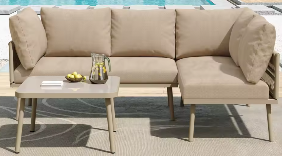 2-Zits Loungeset van Touw & Gehard Glas – Inclusief Tafel en Kussens, Met Armleuningen en Gevlochten Rugleuning, Verstelbare Pootjes